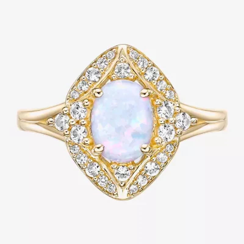 Womens Lab Created White Opal 18K Gold Over Silver Cocktail Ring