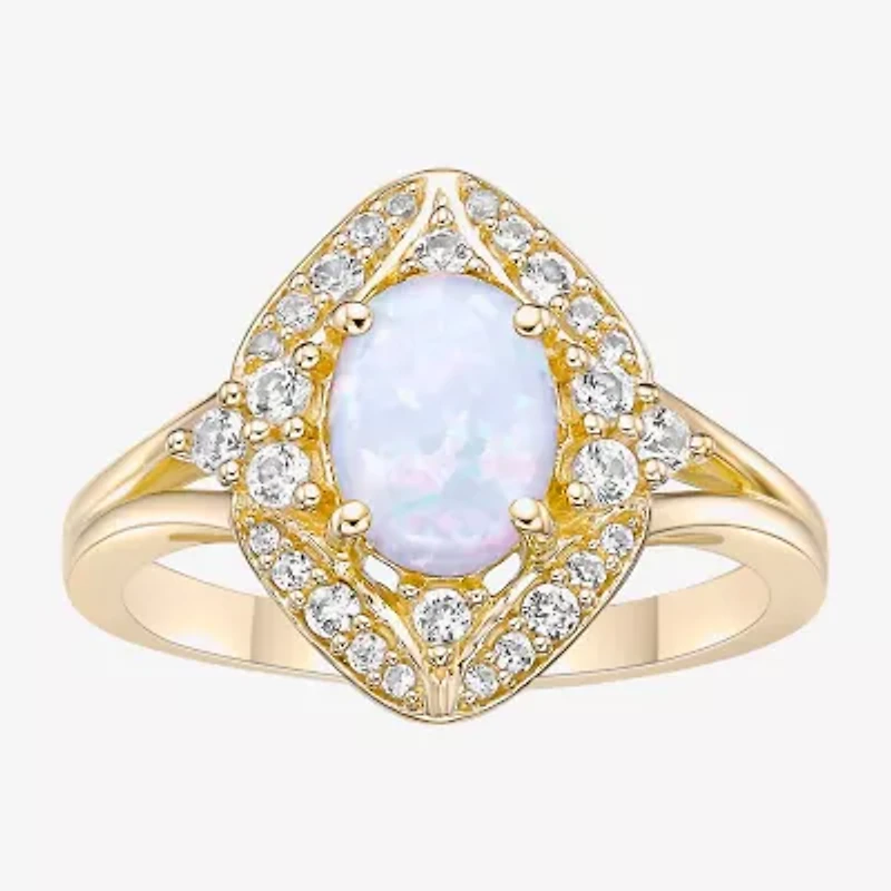 Womens Lab Created White Opal 18K Gold Over Silver Cocktail Ring