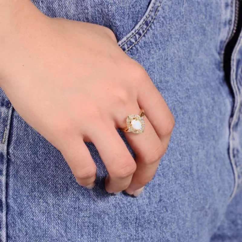 Womens Lab Created White Opal 18K Gold Over Silver Cocktail Ring
