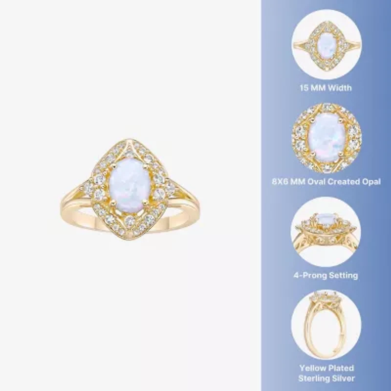 Womens Lab Created White Opal 18K Gold Over Silver Cocktail Ring