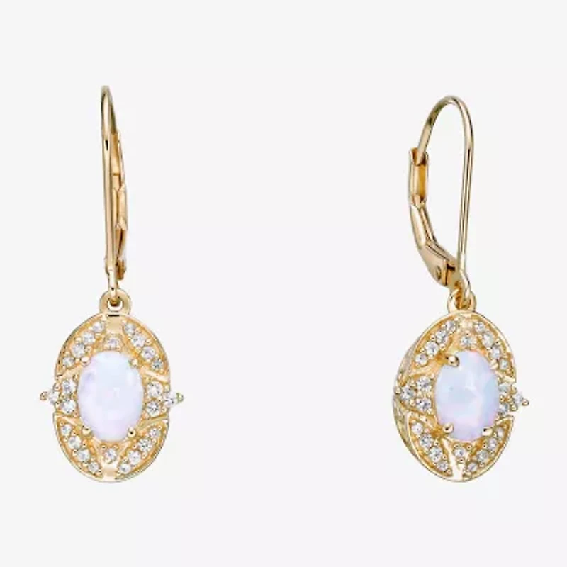 Womens Lab Created White Opal 18K Gold Over Silver Oval Drop Earrings