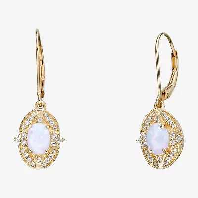 Womens Lab Created White Opal 18K Gold Over Silver Oval Drop Earrings