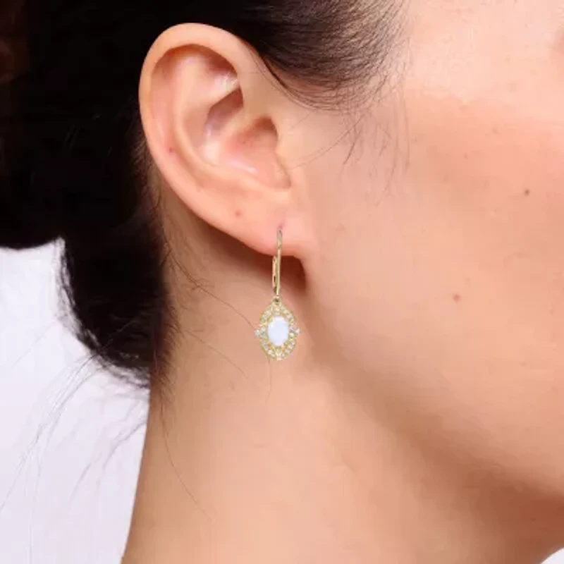 Womens Lab Created White Opal 18K Gold Over Silver Oval Drop Earrings