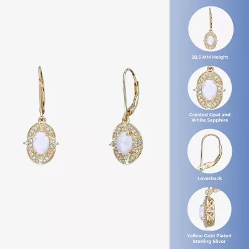 Womens Lab Created White Opal 18K Gold Over Silver Oval Drop Earrings