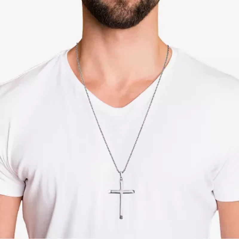 Religious Jewelry Cross Mens Sterling Silver Cross 24 Inch Pendant Necklace