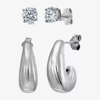 Womens White Cubic Zirconia Sterling Silver 2 Pair Earring Set