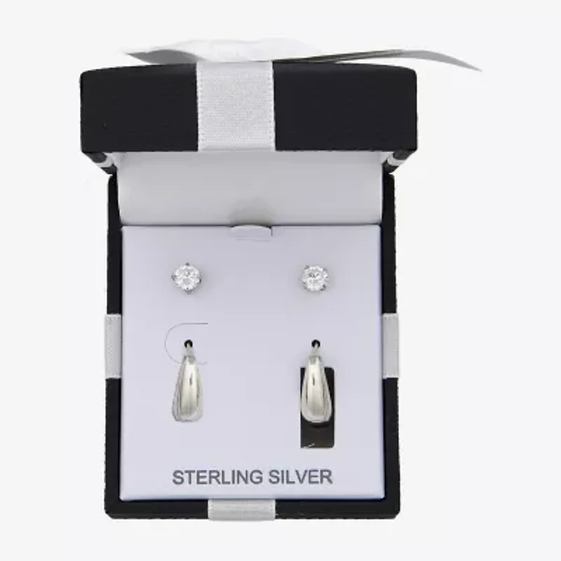 Womens White Cubic Zirconia Sterling Silver 2 Pair Earring Set
