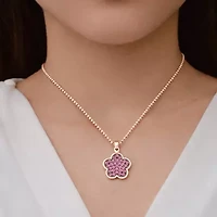 Womens Lab Created Pink Sapphire 10K Rose Gold Sterling Silver Flower 16 Inch Pendant Necklace