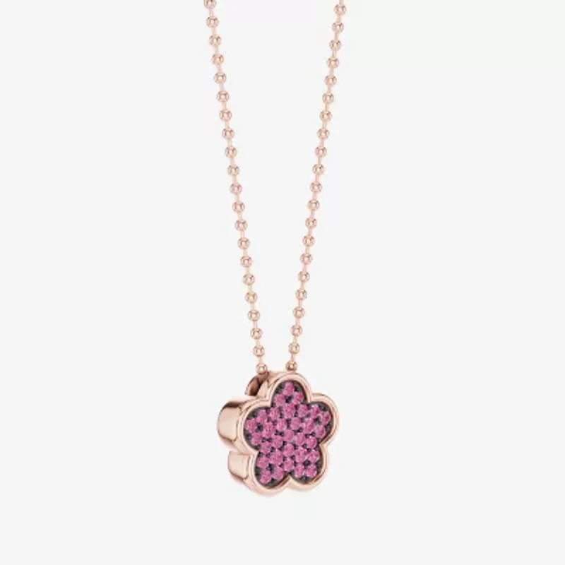 Womens Lab Created Pink Sapphire 10K Rose Gold Sterling Silver Flower 16 Inch Pendant Necklace