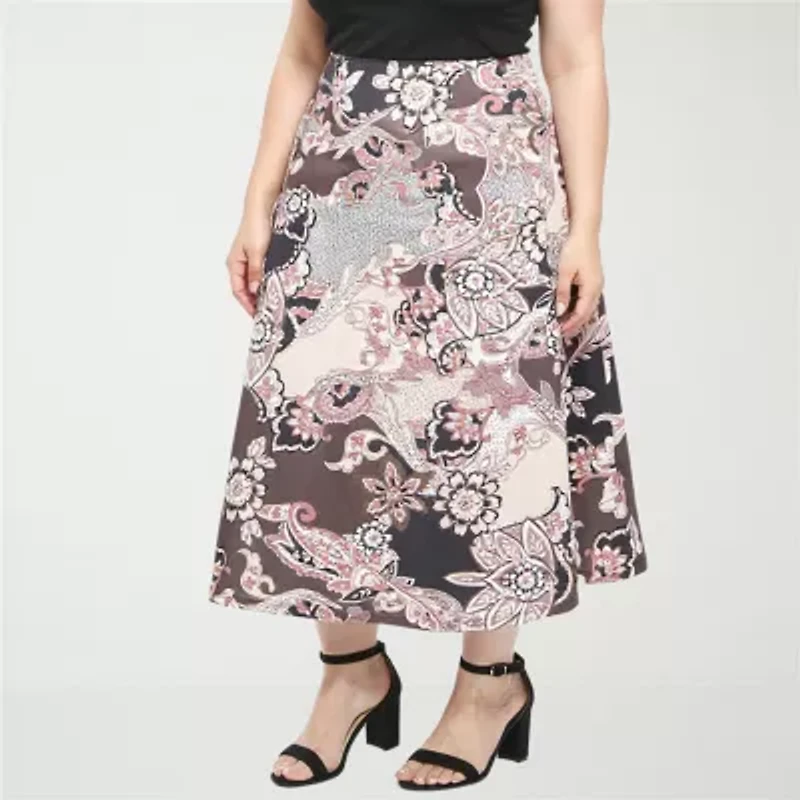 24seven Comfort Apparel Womens Plus Mid Rise Long A-Line Skirt