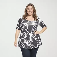 24seven Comfort Apparel Plus Womens Scoop Neck Elbow Sleeve Tunic Top
