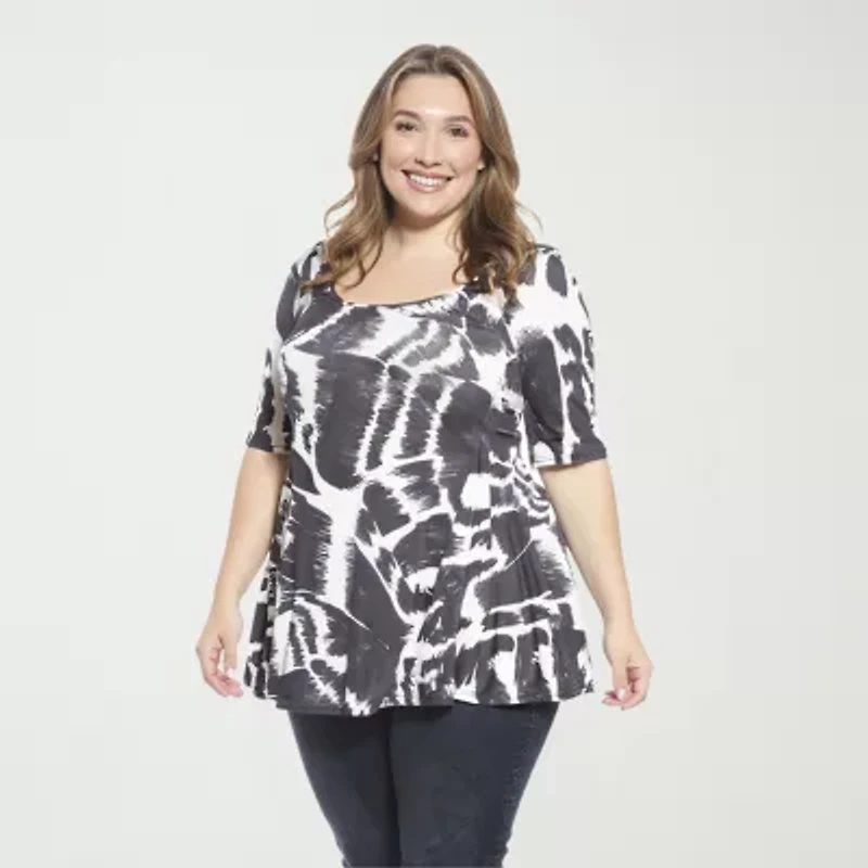 24seven Comfort Apparel Plus Womens Scoop Neck Elbow Sleeve Tunic Top