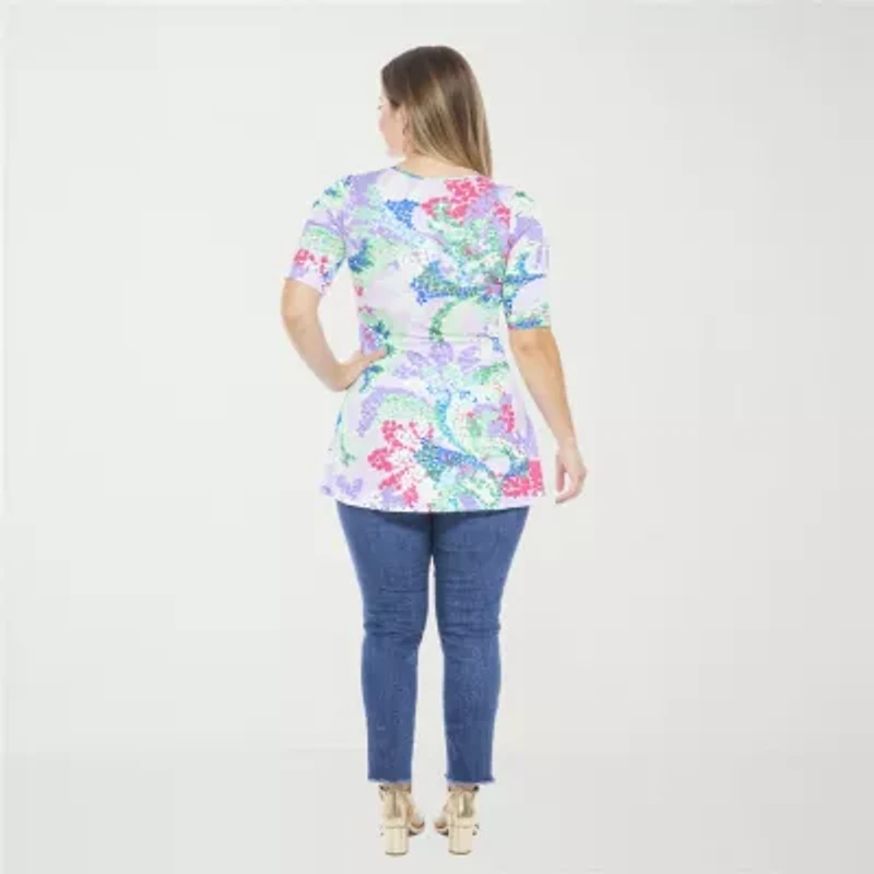 24seven Comfort Apparel Womens Plus Elbow Sleeve Relaxed Fit Henley Shirt