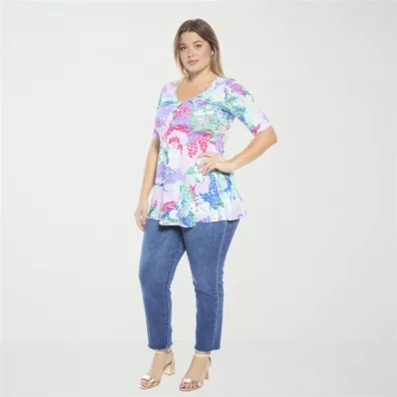 24seven Comfort Apparel Womens Plus Elbow Sleeve Relaxed Fit Henley Shirt