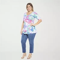 24seven Comfort Apparel Womens Plus Elbow Sleeve Relaxed Fit Henley Shirt