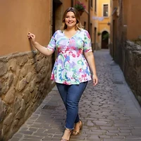 24seven Comfort Apparel Womens Plus Elbow Sleeve Relaxed Fit Henley Shirt