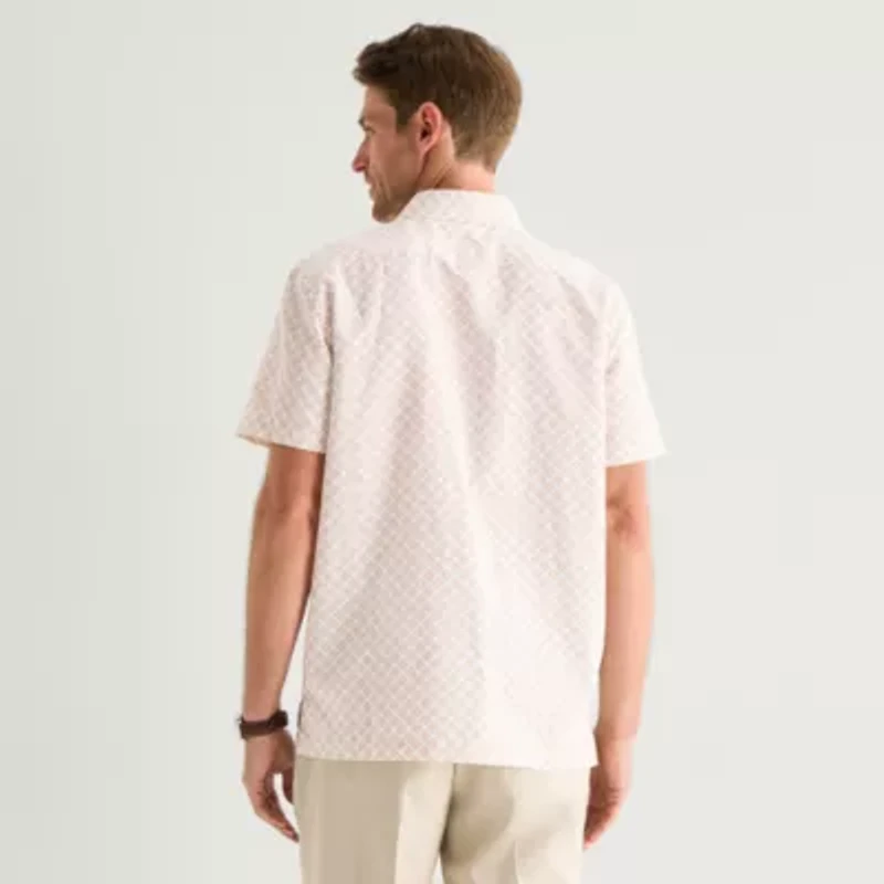 Stafford Linen Print Mens Short Sleeve Regular Fit Button-Down Shirt