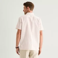 Stafford Linen Print Mens Short Sleeve Regular Fit Button-Down Shirt