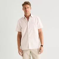 Stafford Linen Print Mens Short Sleeve Regular Fit Button-Down Shirt