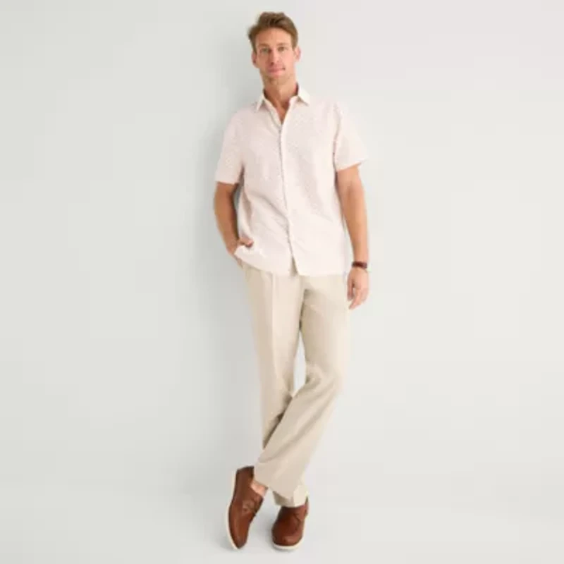 Stafford Linen Print Mens Short Sleeve Regular Fit Button-Down Shirt