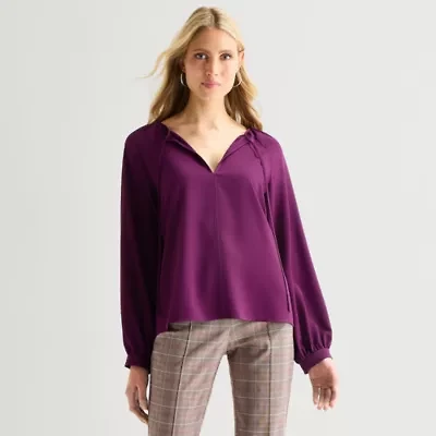 Worthington Womens Split Tie Neck Long Sleeve Blouse