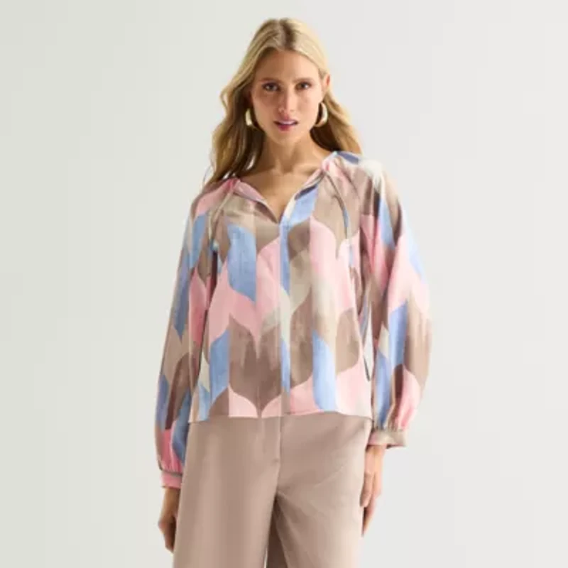 Worthington Womens Split Tie Neck Long Sleeve Blouse