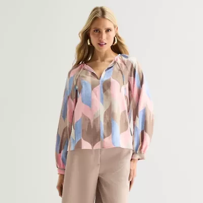 Worthington Womens Split Tie Neck Long Sleeve Blouse