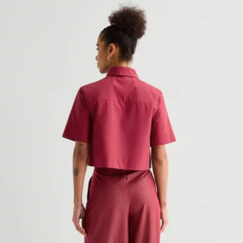 Worthington Womens Short Sleeve Embroidered Button-Down Shirt