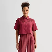 Worthington Womens Short Sleeve Embroidered Button-Down Shirt
