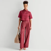 Worthington Womens Short Sleeve Embroidered Button-Down Shirt