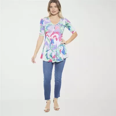 24seven Comfort Apparel Womens Elbow Sleeve Relaxed Fit Henley Shirt