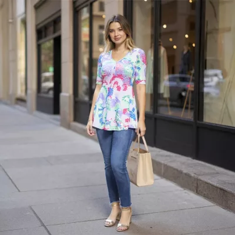 24seven Comfort Apparel Womens Elbow Sleeve Relaxed Fit Henley Shirt