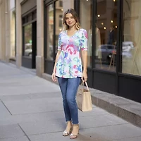 24seven Comfort Apparel Womens Elbow Sleeve Relaxed Fit Henley Shirt