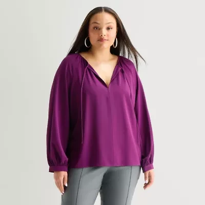Worthington Womens Plus Split Tie Neck Long Sleeve Blouse