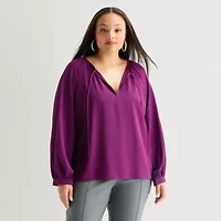 Worthington Womens Plus Split Tie Neck Long Sleeve Blouse