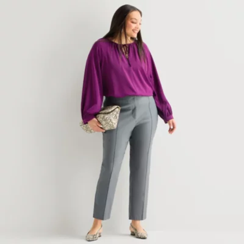 Worthington Womens Plus Split Tie Neck Long Sleeve Blouse