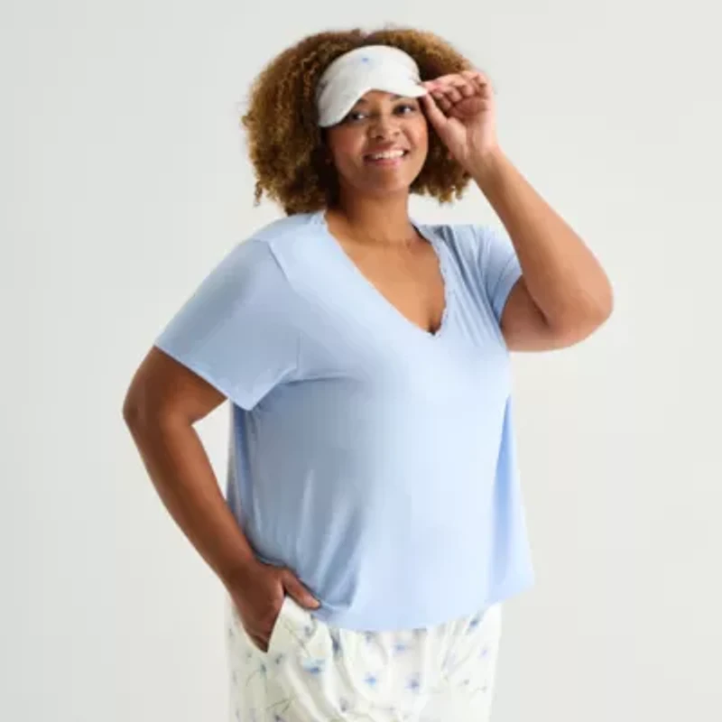 Ambrielle Womens V-Neck Short Sleeve 3-pc. Plus Pajama Sets