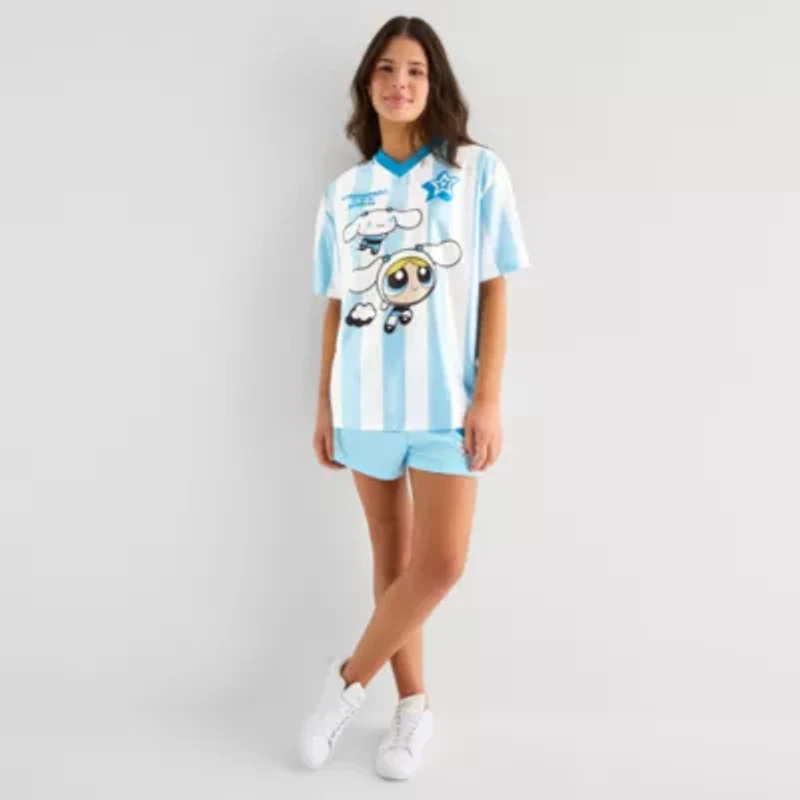 Hello Kitty x Powerpuff Girls Womens Juniors V Neck Short Sleeve Jersey