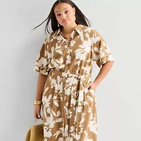 Worthington Womens Short Sleeve Tie Belt Shirt Dress