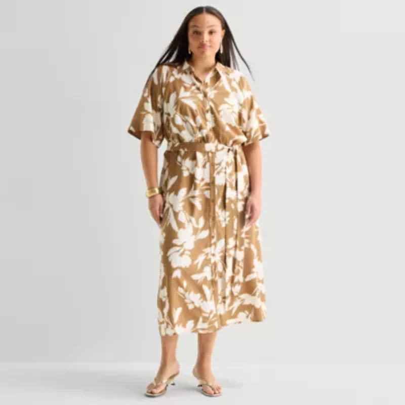 Worthington Womens Short Sleeve Tie Belt Shirt Dress