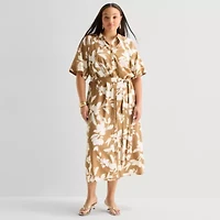 Worthington Womens Short Sleeve Tie Belt Shirt Dress