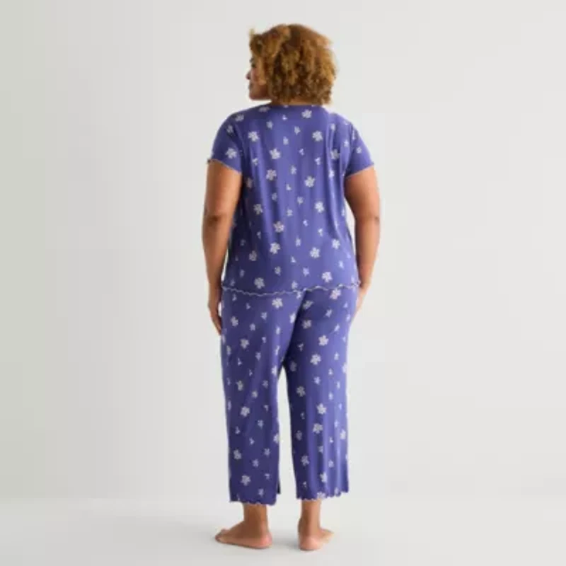 Jaclyn Womens Crew Neck Short Sleeve 2-pc. Plus Pajama Sets
