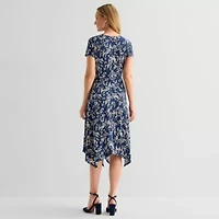 Perceptions Womens Midi V Neck Short Sleeve Floral Fit + Flare Dress