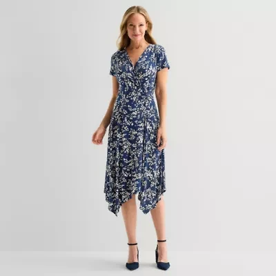 Perceptions Womens Midi V Neck Short Sleeve Floral Fit + Flare Dress