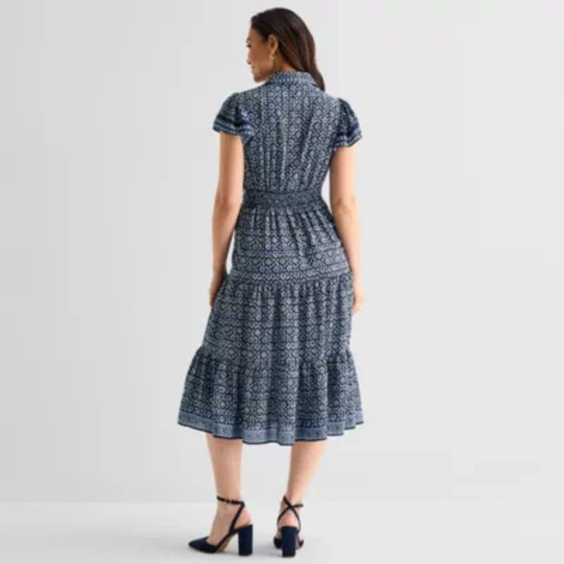 Perceptions Womens Short Sleeve Geo Linear Midi Fit + Flare Dress