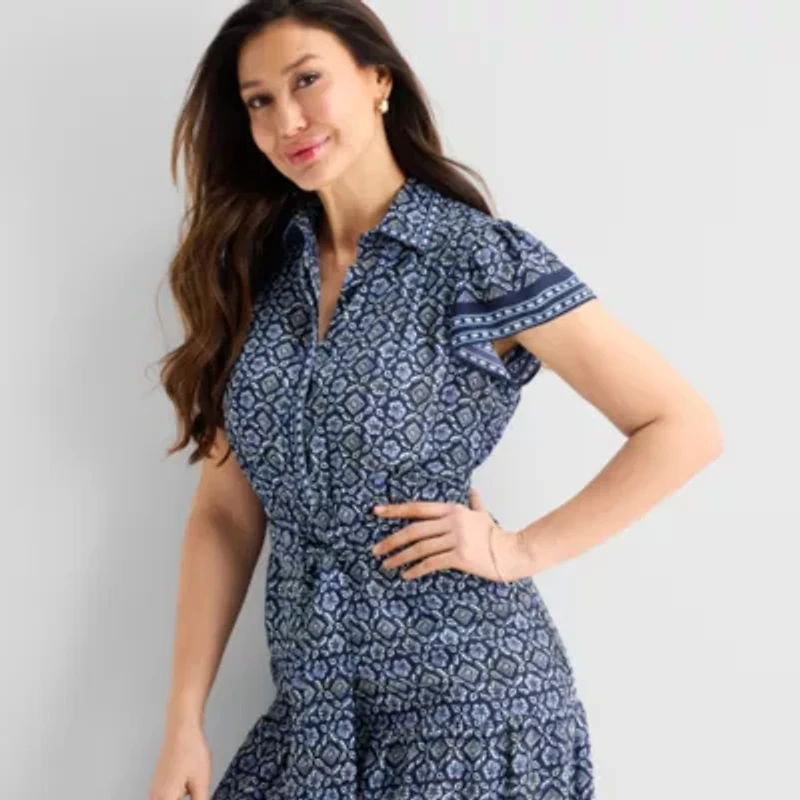 Perceptions Womens Short Sleeve Geo Linear Midi Fit + Flare Dress