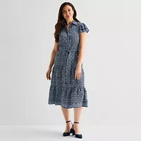 Perceptions Womens Short Sleeve Geo Linear Midi Fit + Flare Dress