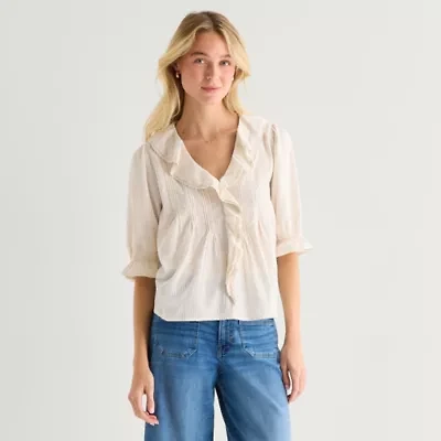 a.n.a Womens V Neck Elbow Sleeve Blouse