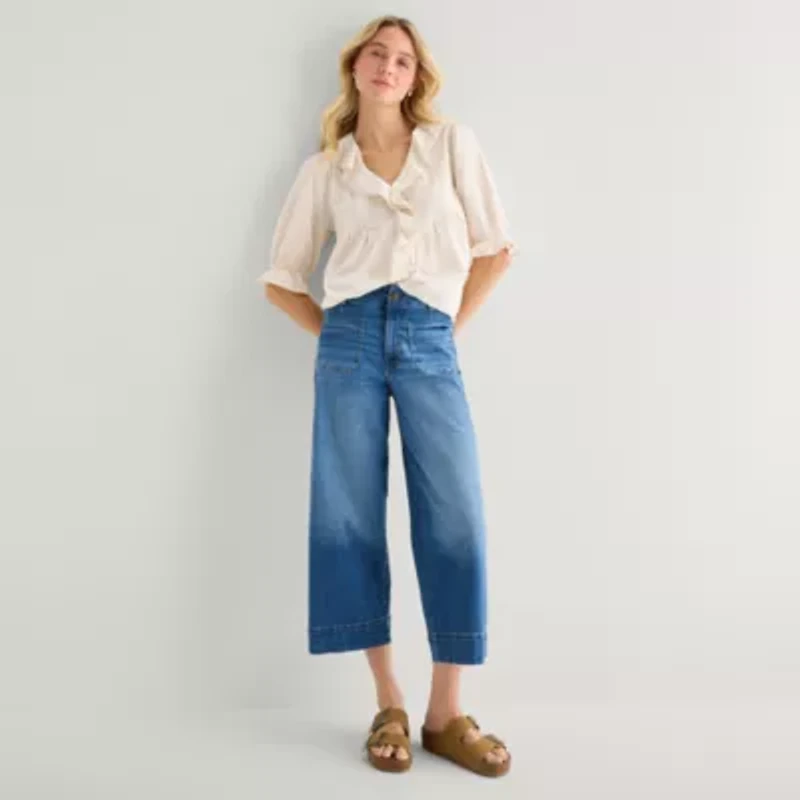 a.n.a Womens V Neck Elbow Sleeve Blouse