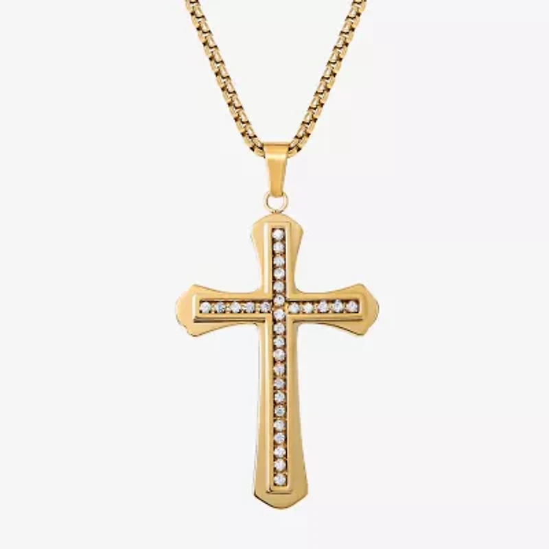 Shaquille O'Neal XLG Mens White Cubic Zirconia Stainless Steel Cross 24 Inch Pendant Necklace